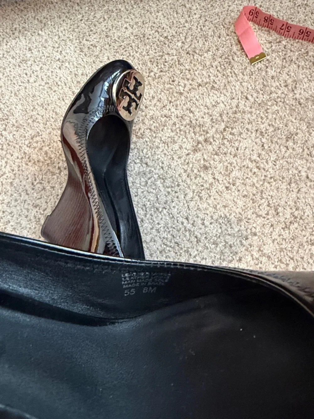 Tory Burch “Sophie” Black Patent Leather wedge heel with silver hardware, 8